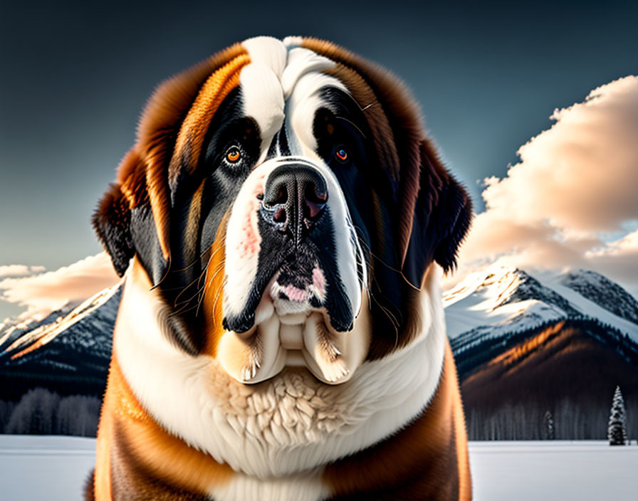 Saint Bernard Dog Sitting in Snowy Mountain Landscape