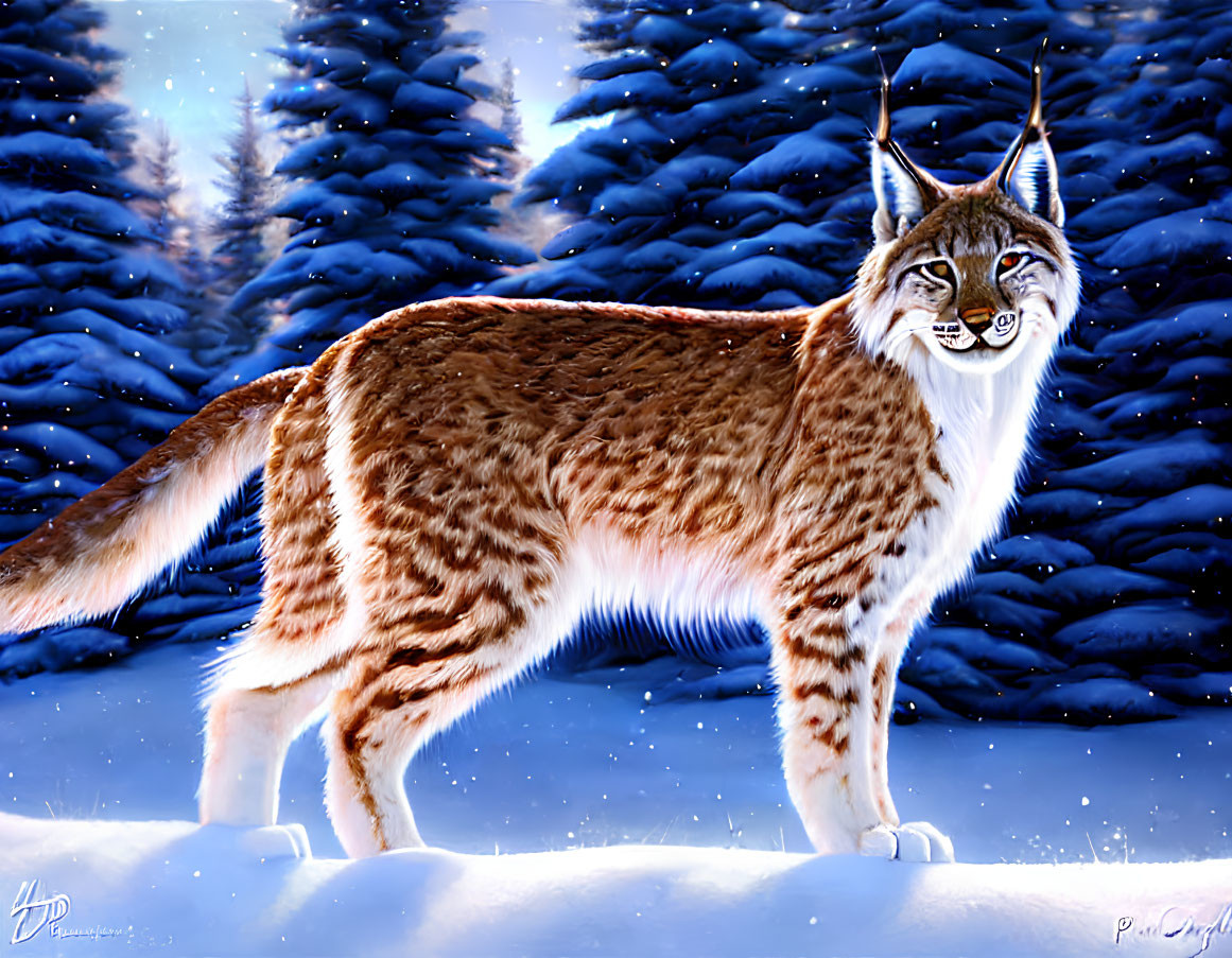 Majestic lynx in snowy forest landscape at dusk