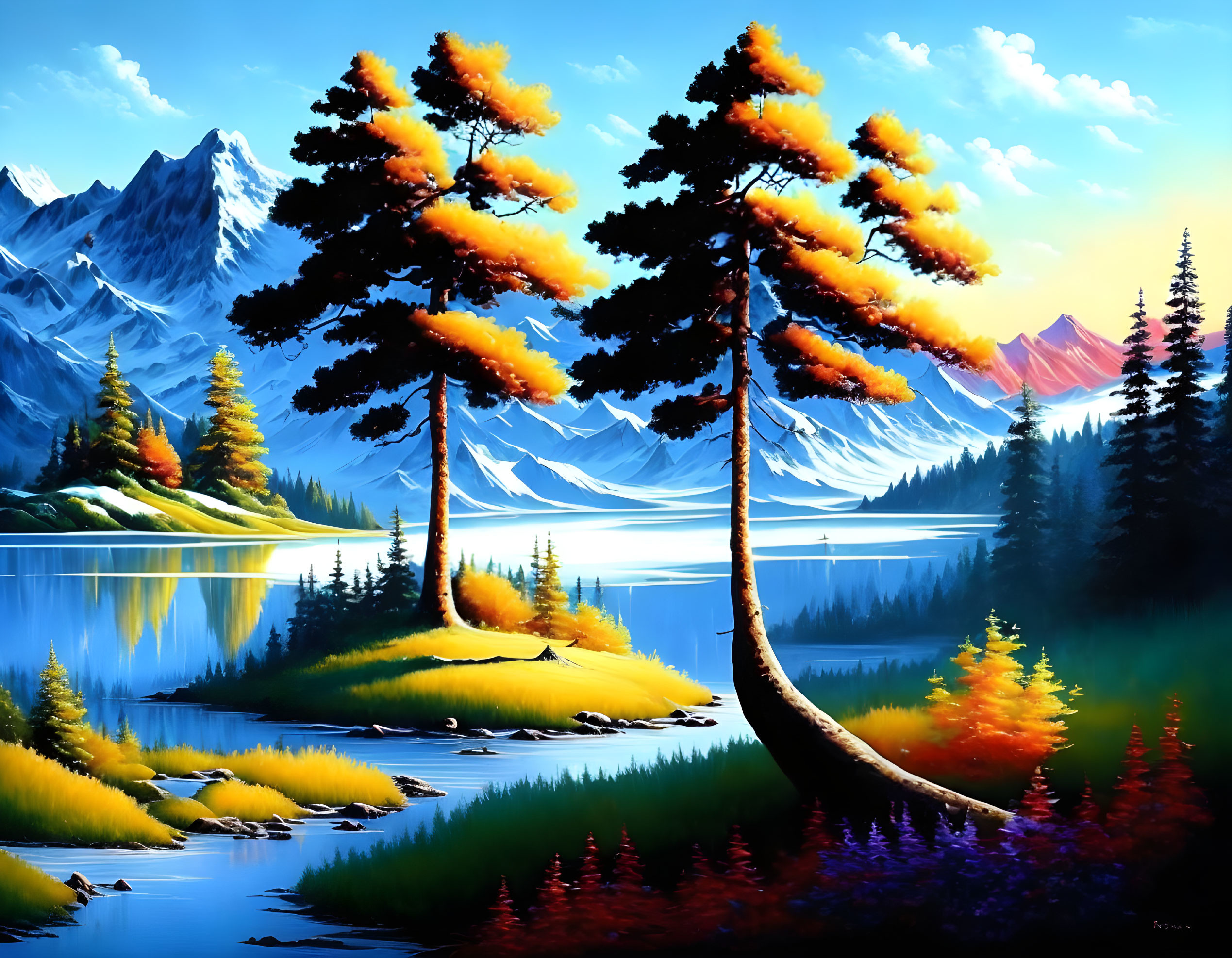 Scenic landscape painting with pine trees, lake, greenery, foliage, and snowy mountains