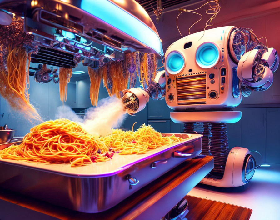 Smiling robot cooking spaghetti in neon-lit kitchen