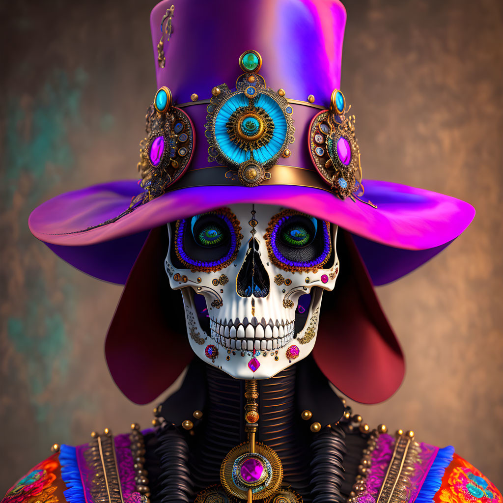 Skeleton with Decorative Face Paint and Jewelry in Vibrant Purple Top Hat