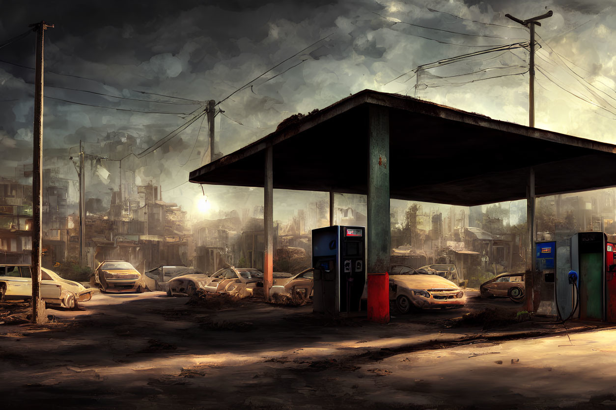 Desolate post-apocalyptic gas station with abandoned cars under gloomy sky