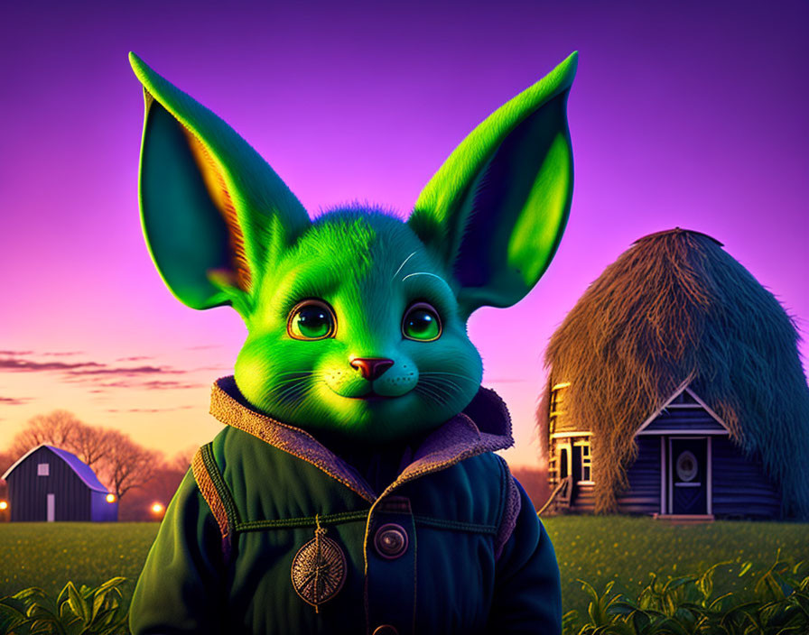 Cartoon character with green ears and blue jacket in rural twilight scene