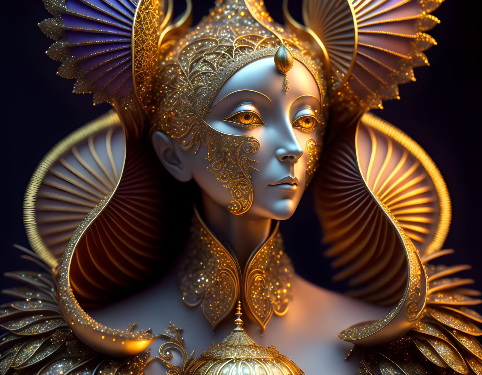 Detailed 3D illustration of person with golden facial ornaments and wings