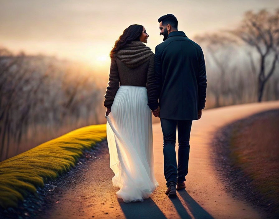 Couple Walking Hand in Hand at Sunset on Autumn Path