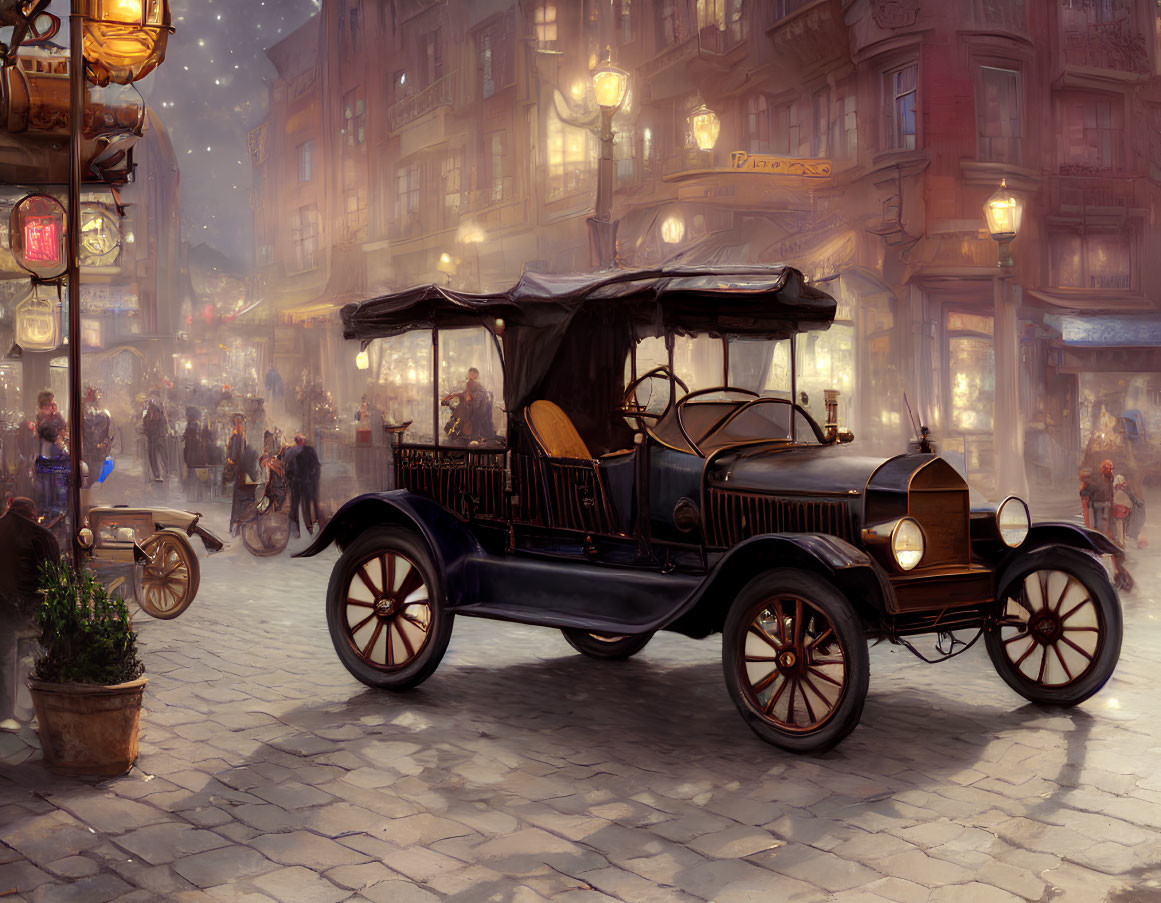 Classic Car Parked on Busy Street with Pedestrians and Cyclists Amidst Illuminated Shops