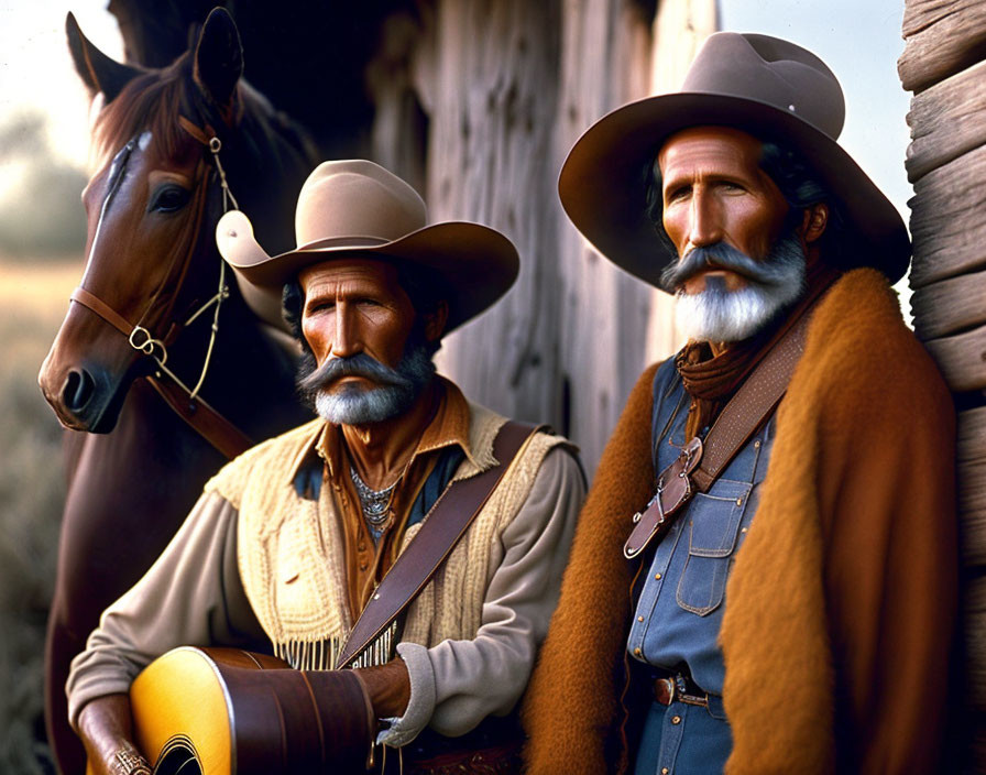 Cowboys with Guitar and Horse by Rustic Wooden Structure