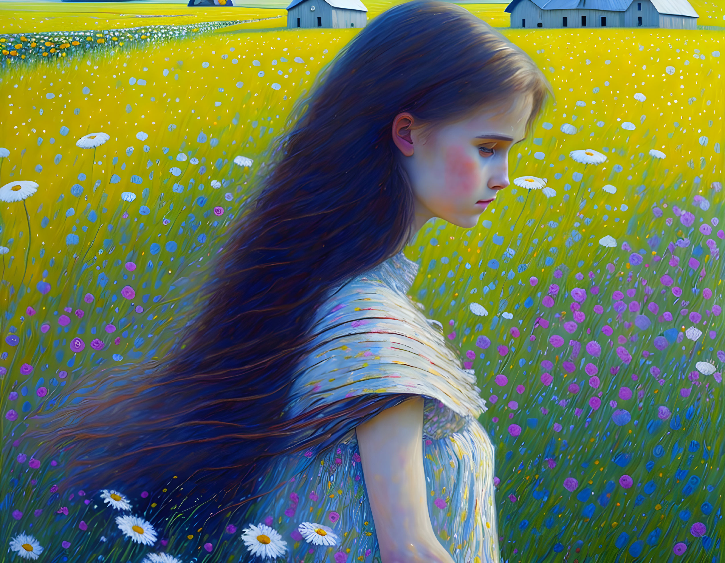 Girl with long hair in vibrant field with daisies and houses in background