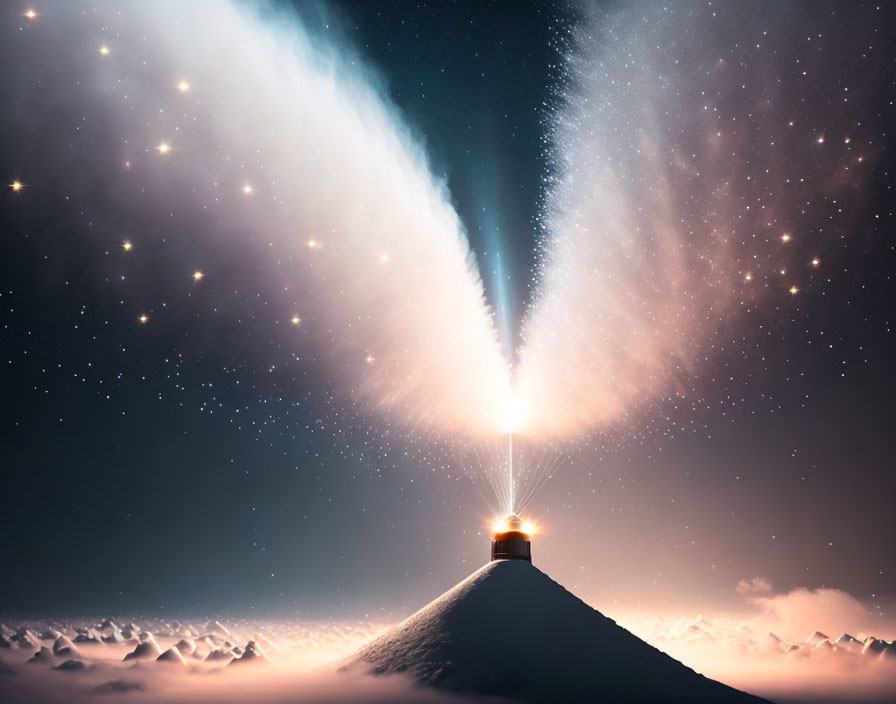 Snowy peak lighthouse emits powerful beam in starry night sky