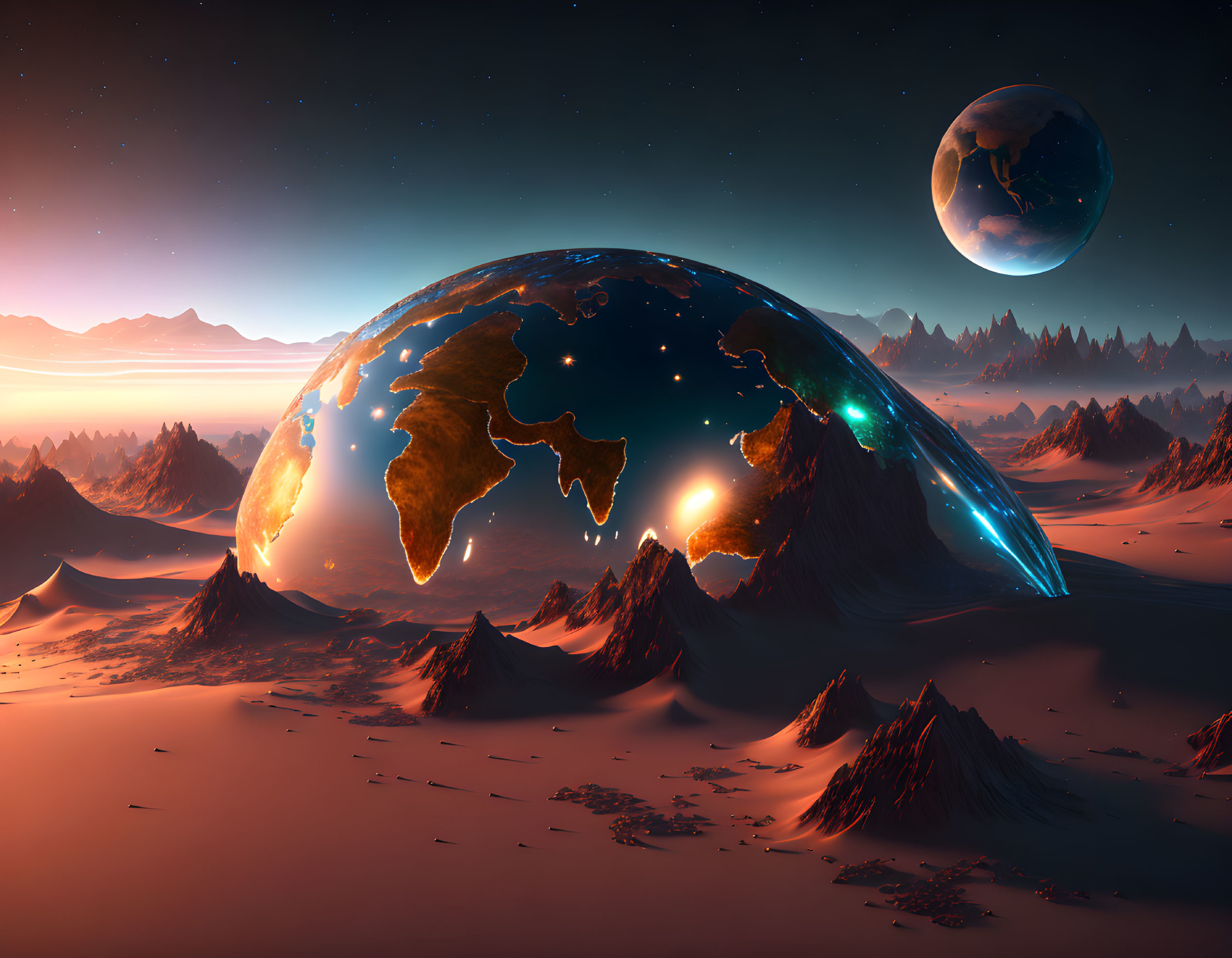 Glowing Earth-like sphere in surreal alien landscape