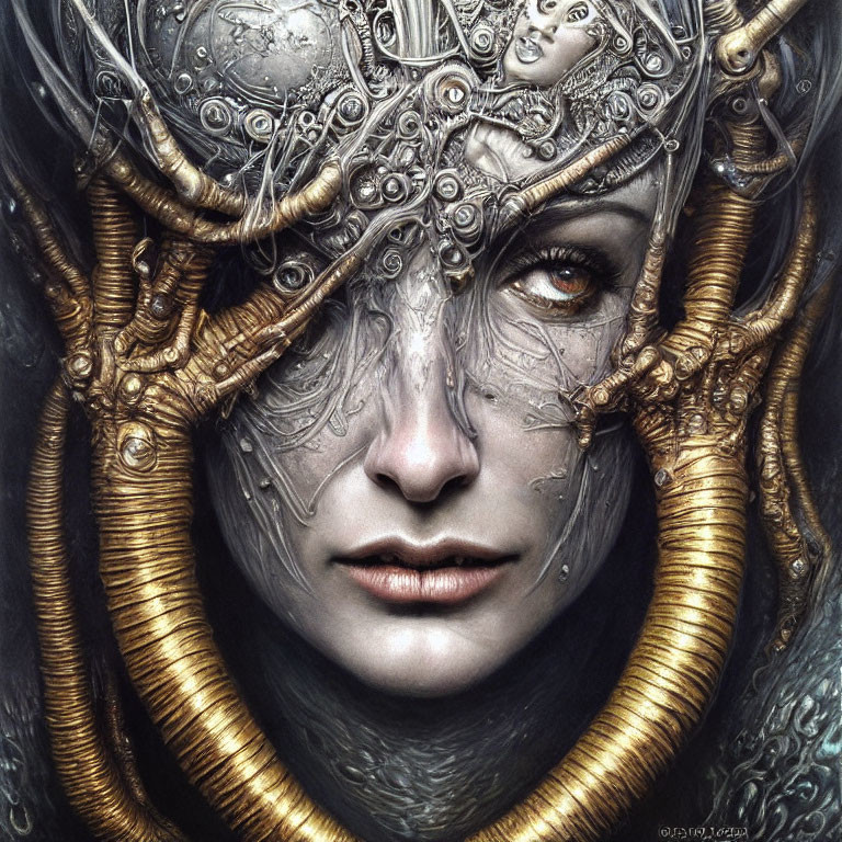 Detailed Artwork: Person with Futuristic Metallic Headpiece & Mechanical Elements