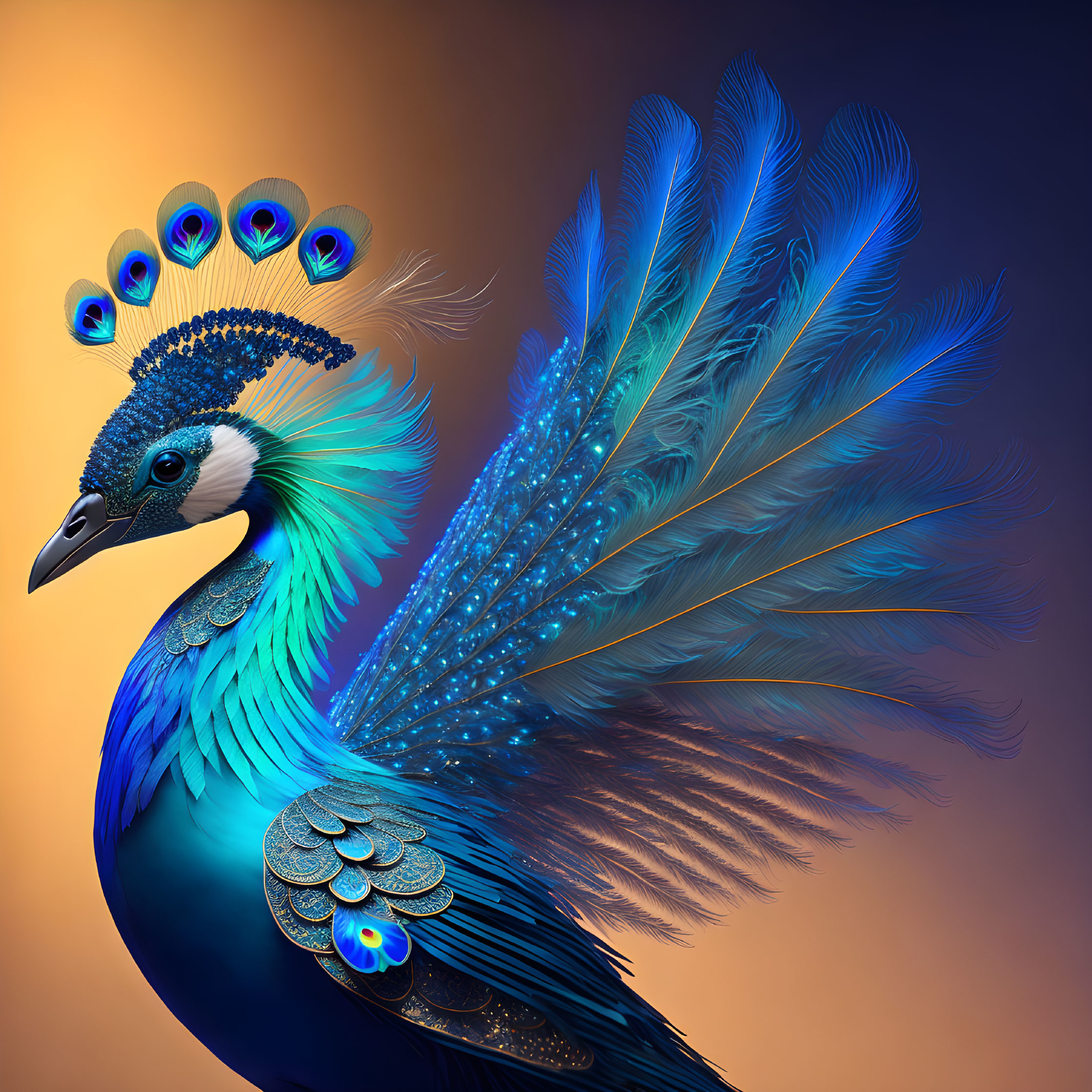 Colorful Peacock with Blue and Green Plumage on Orange Background