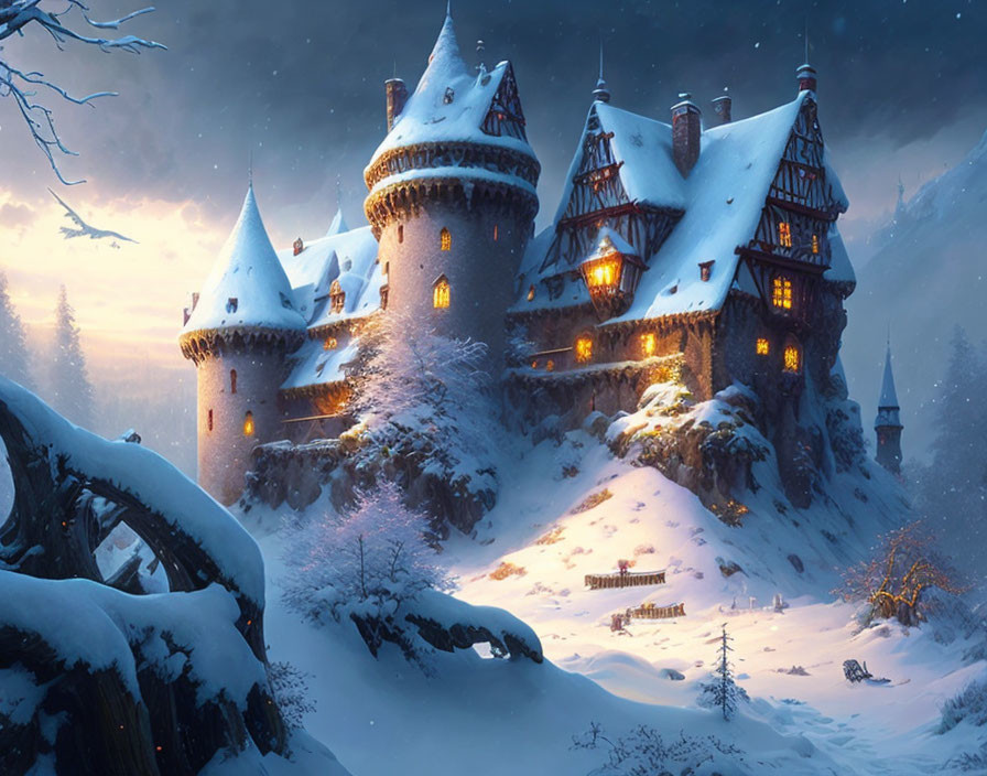 Snow-covered castle with warm glowing lights in serene winter twilight