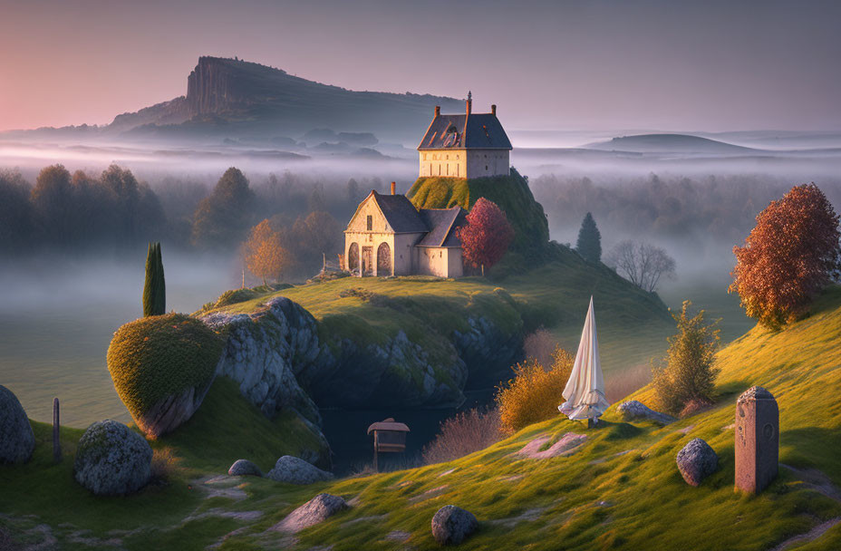 Stone house, church, sailboat, misty dawn landscape with hills