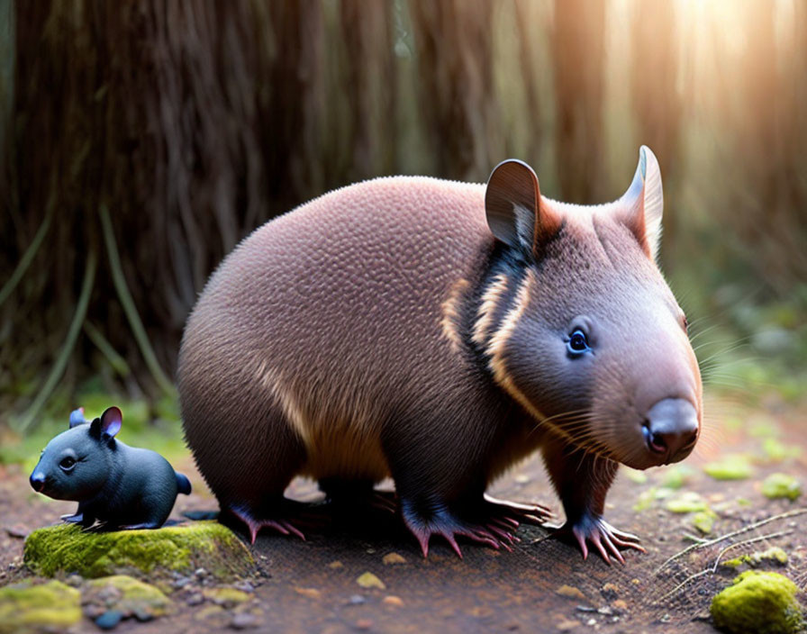 Large and small wombats in forest setting with sunlight filtering through trees