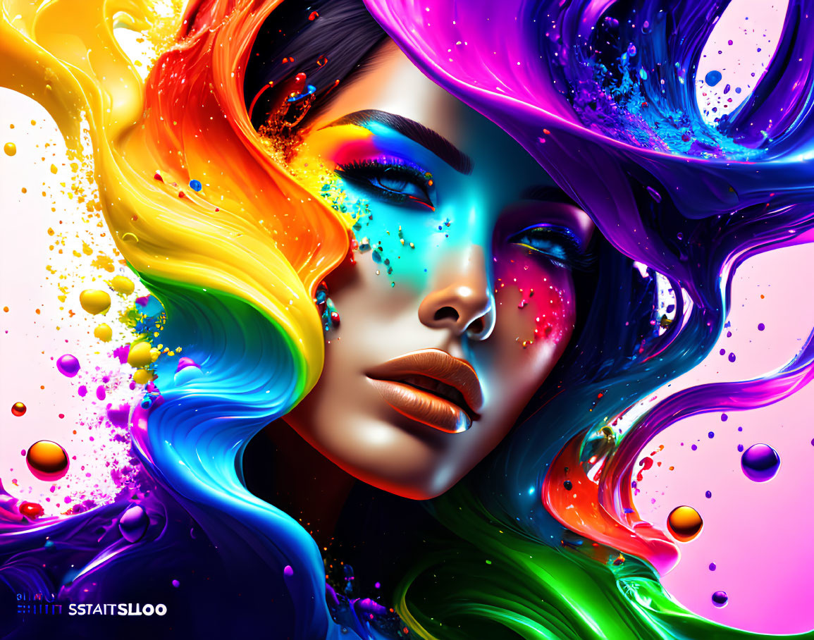 Colorful digital artwork: Woman's face in swirling paint splatters