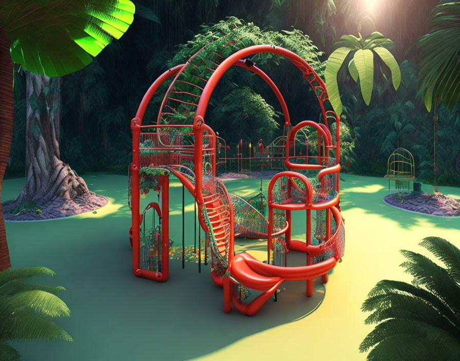 Vibrant playground with red slide and lush greenery