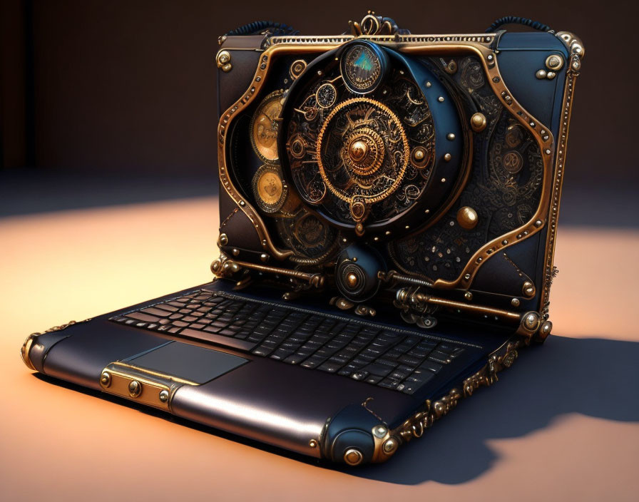 Steampunk-inspired laptop with ornate metal details and gears on warm background