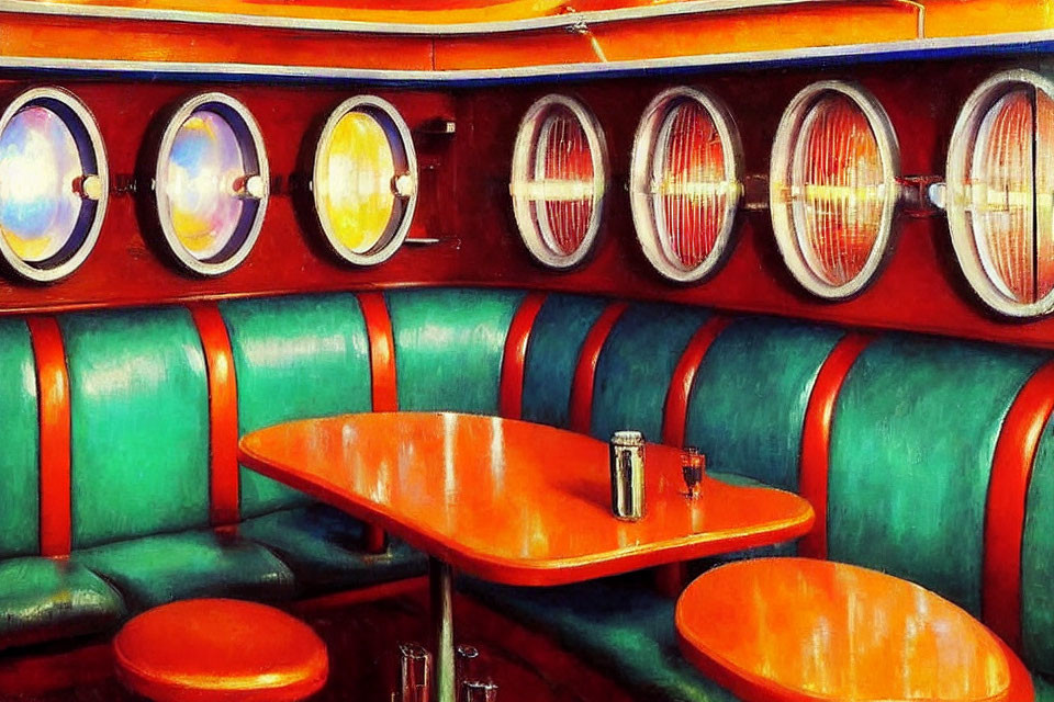 Colorful Retro Diner Booth with Circular Windows and Vibrant Interior