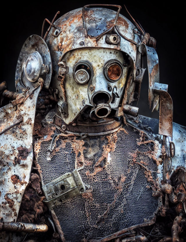 Weathered robot head with visible gears and mesh on dark background