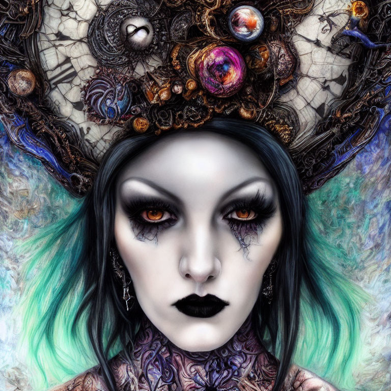 Fantasy portrait of woman with pale skin, amber eyes, teal hair, and cosmic headdress.