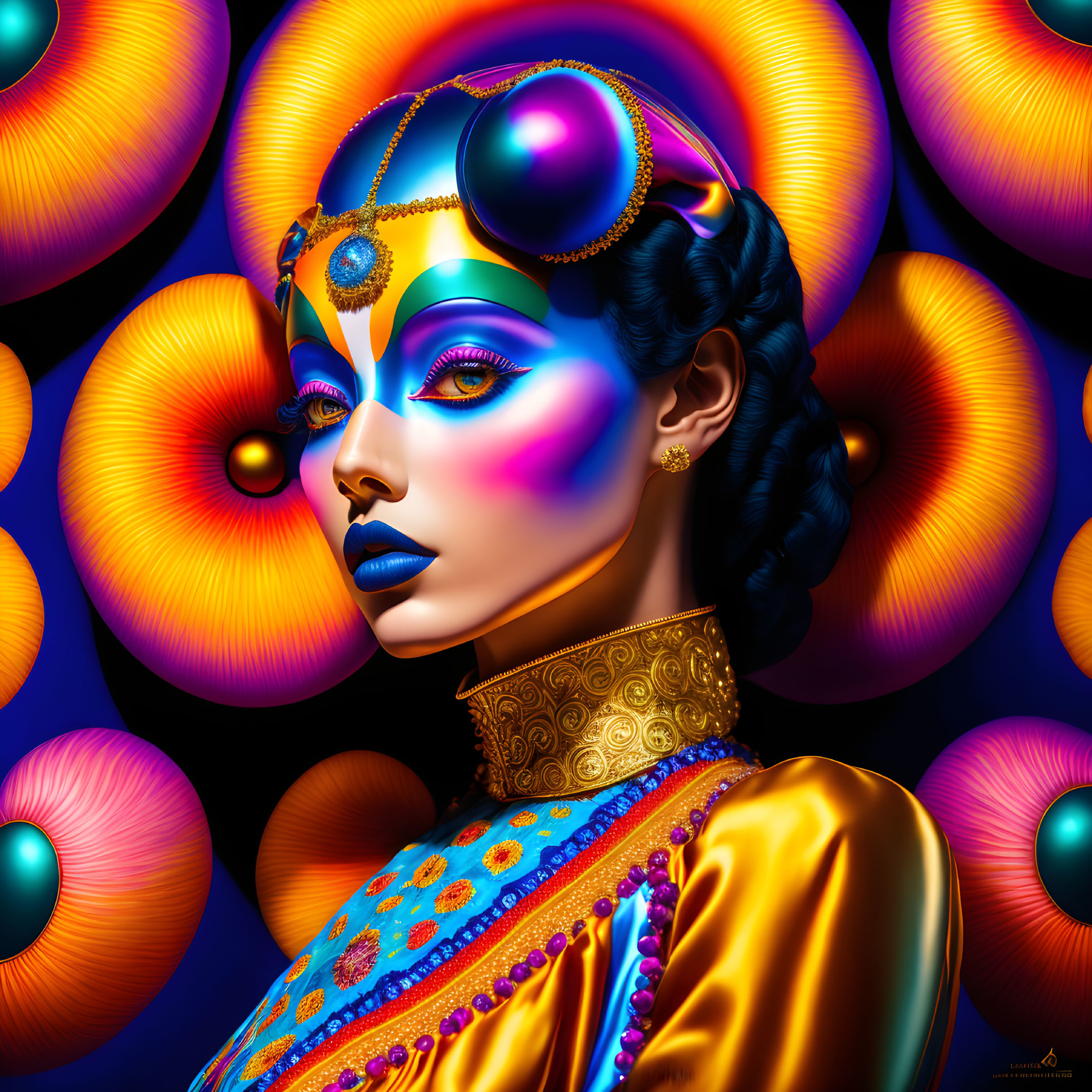 Colorful digital artwork: Woman with blue and purple makeup and golden jewelry in front of abstract orbs