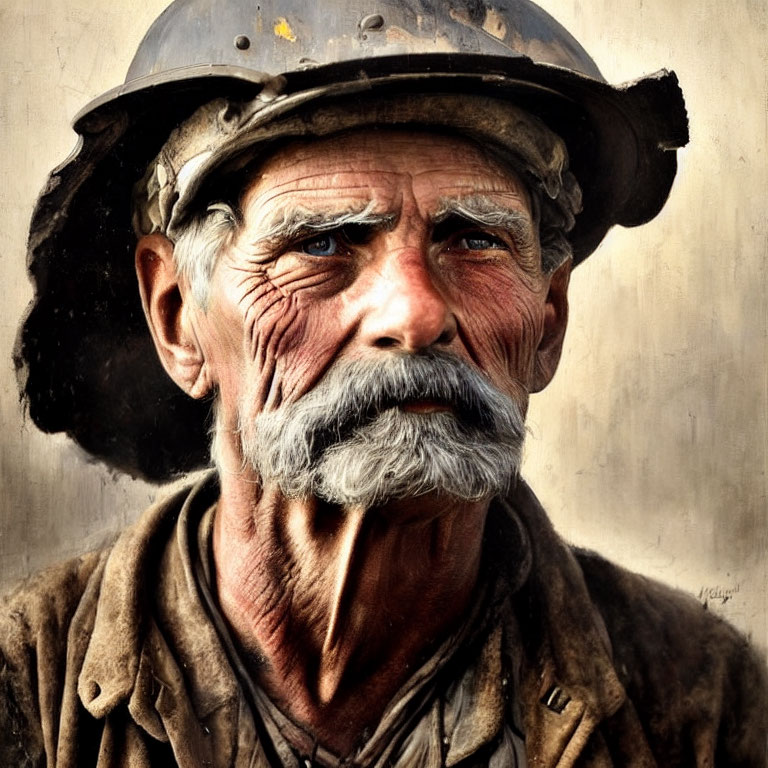 Elder man with weathered face and grey mustache in work clothes and helmet