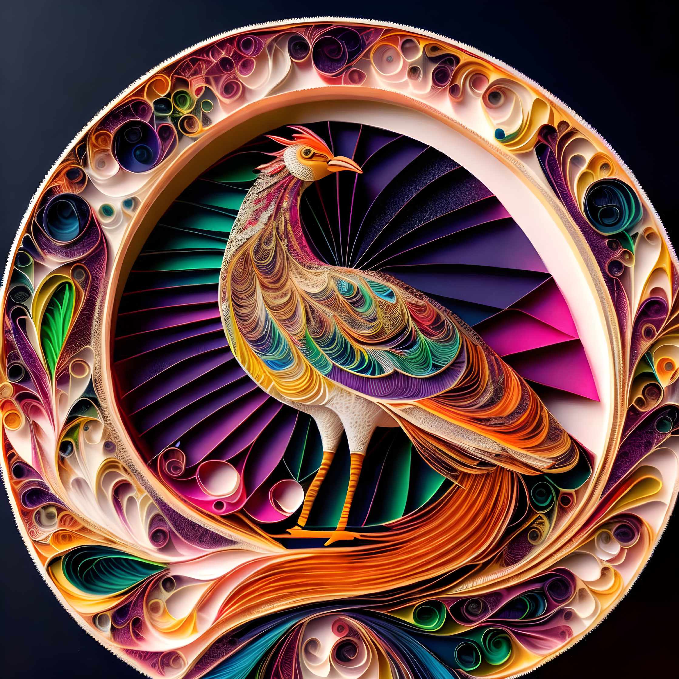 Colorful Paper Quilling Artwork: Peacock Design in Circular Frame