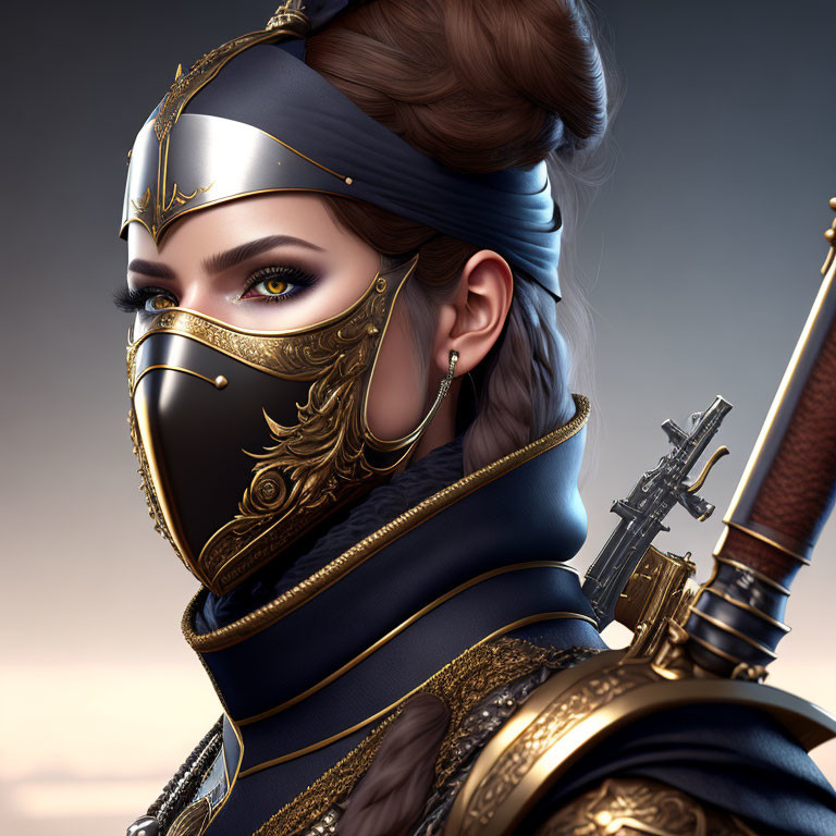 Digital artwork of a woman warrior in ornate armor with golden mask and braid.