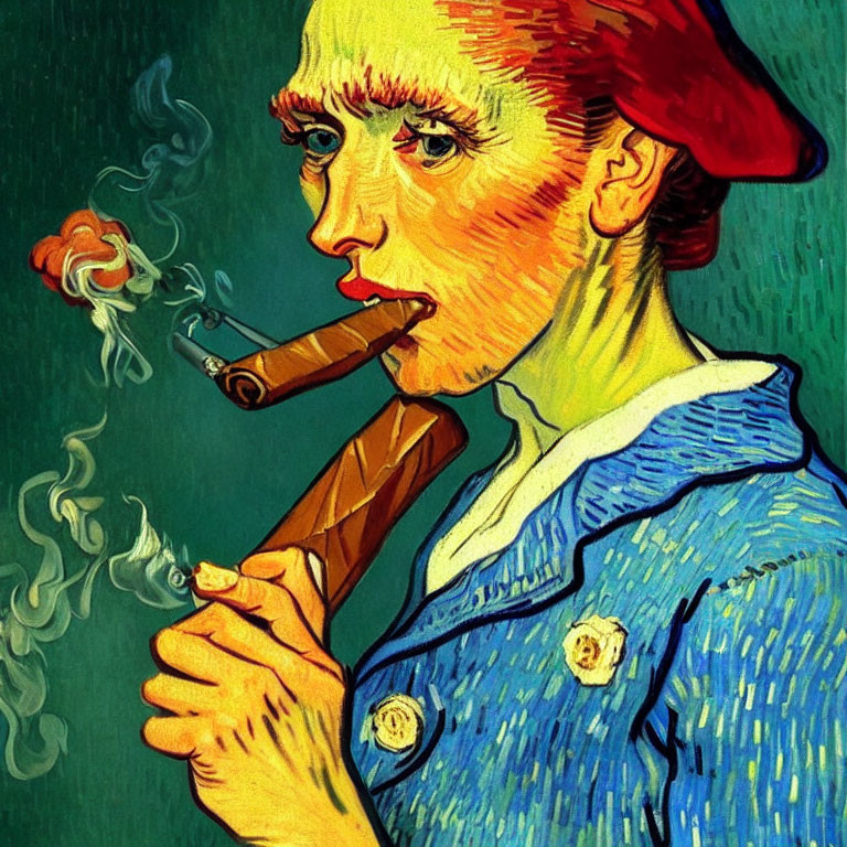 Person with red hat smoking two cigars in Van Gogh-style artwork