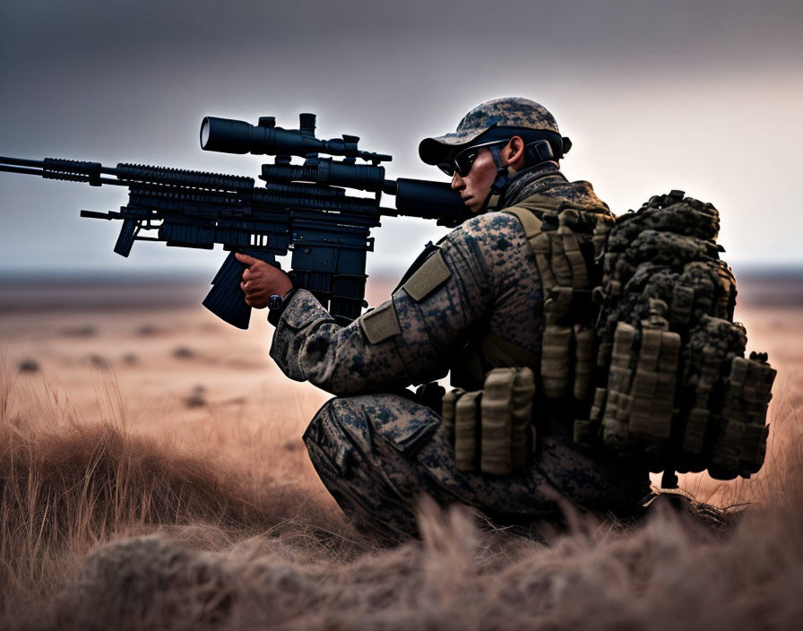 Camouflaged soldier with scoped rifle in dusky field