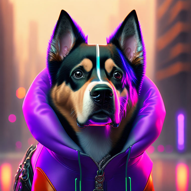 Colorful Stylized Dog Art in Futuristic Setting