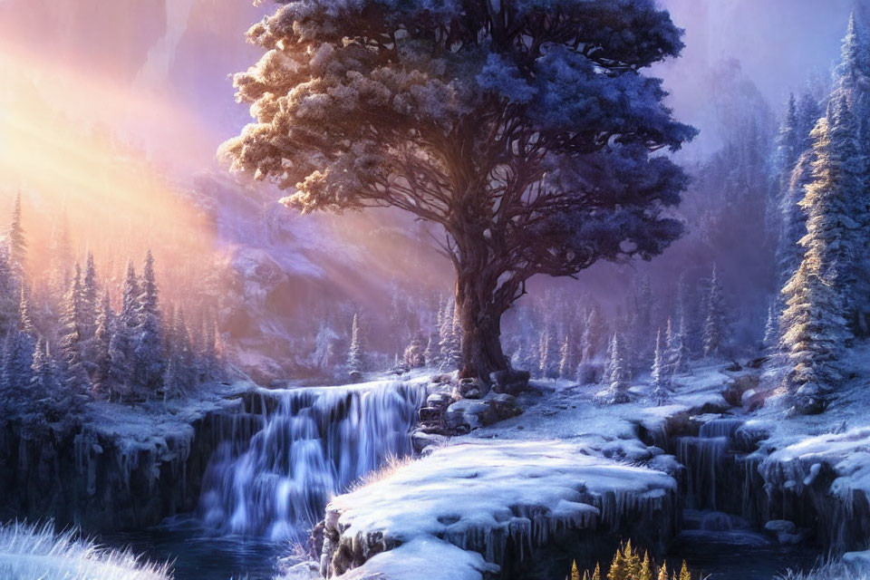 Majestic tree by frozen waterfall in serene winter landscape