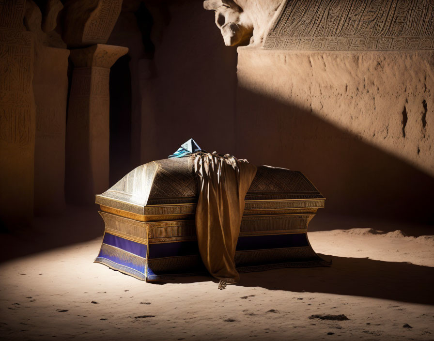 Ancient Egyptian sarcophagus with hieroglyphs in dimly lit chamber