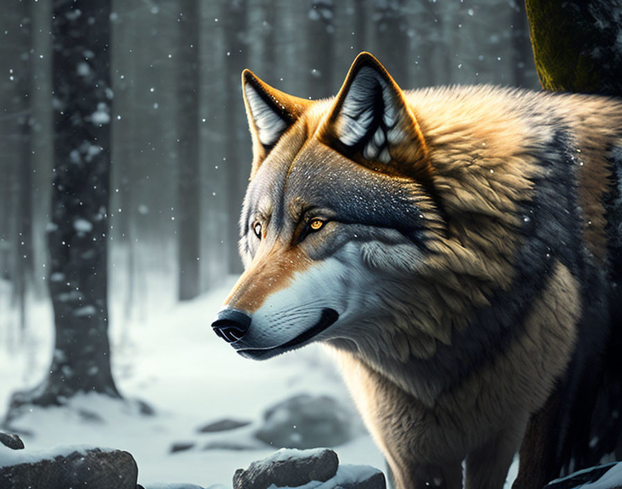 Detailed close-up: Wolf in snowy forest with falling snowflakes