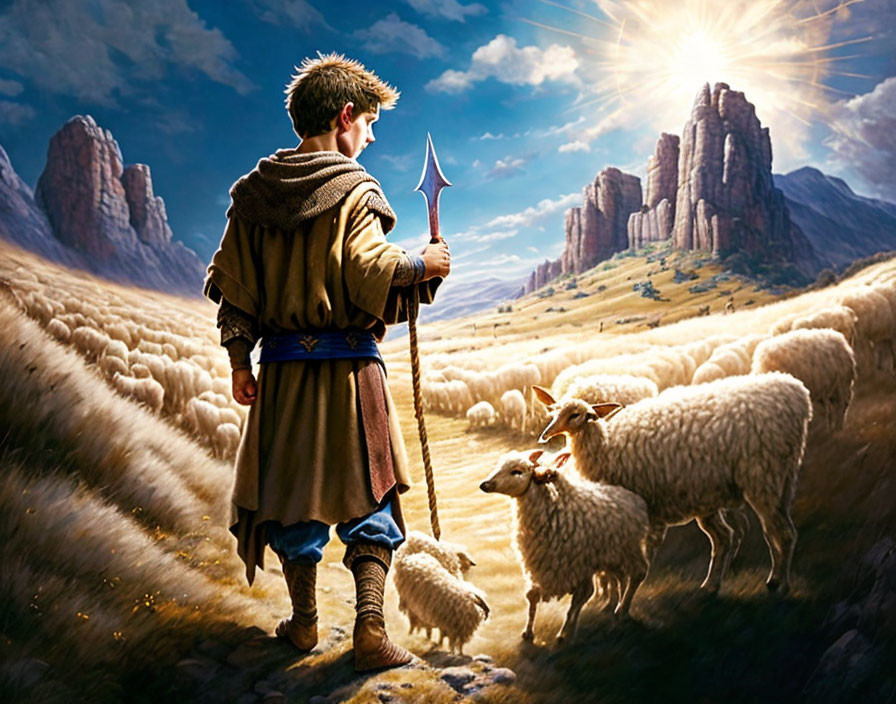 Shepherd with spear in sunlit field with flock of sheep and dramatic sky