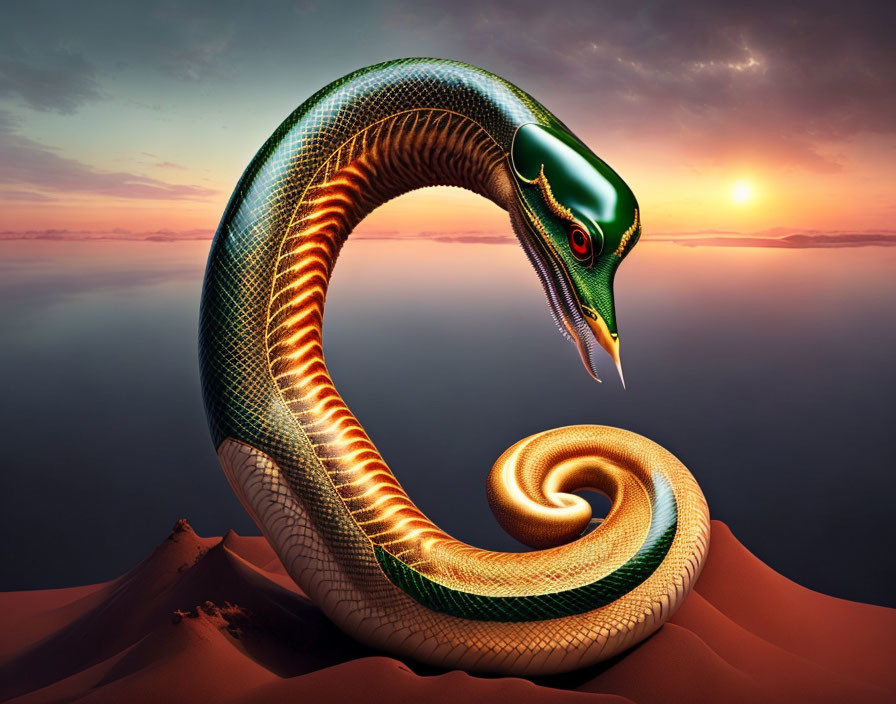 Serpent digital artwork with vivid scales against sunset seascape