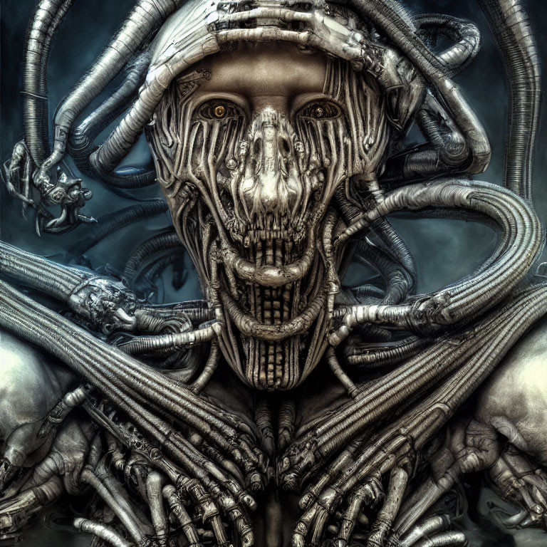 Surreal humanoid face illustration with biomechanical features