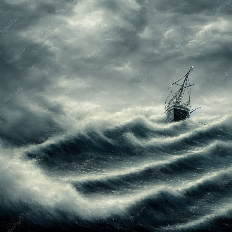 Stormy sky over lone ship battling tumultuous waves