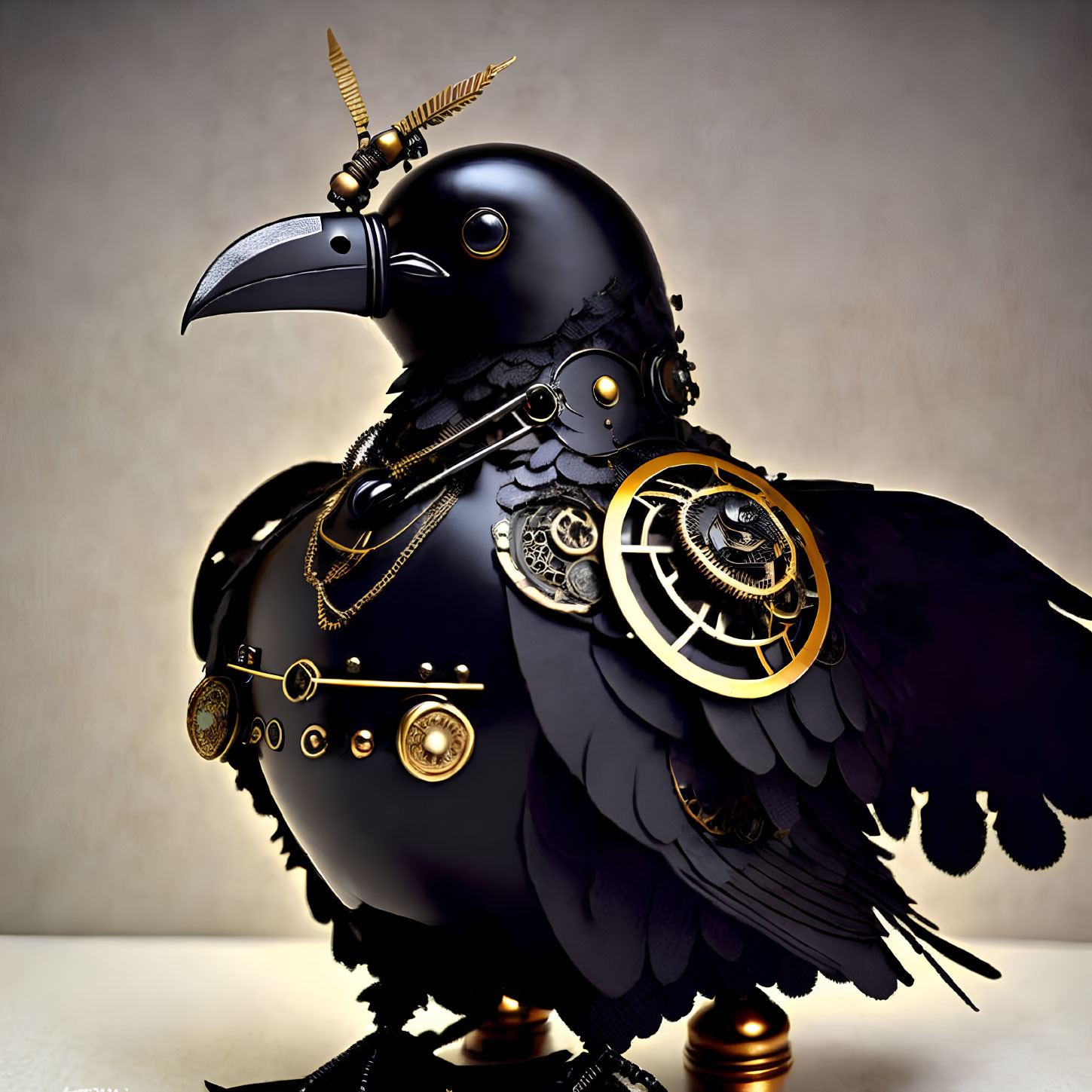 Steampunk Raven Sculpture with Mechanical Parts and Gold Accents