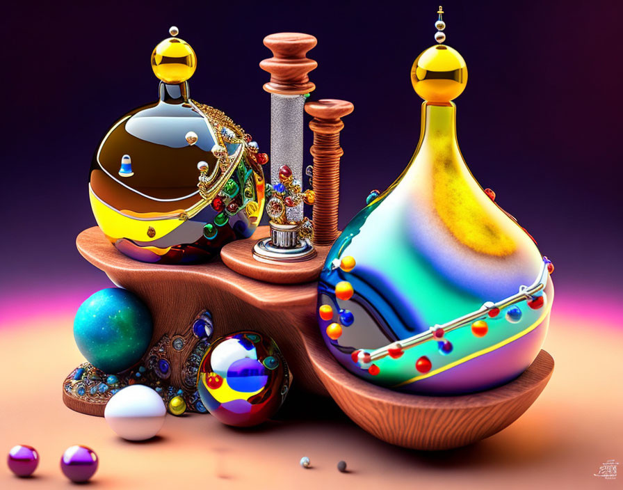 Vibrant Still Life: Potion Bottles, Marbles, Wooden Surface