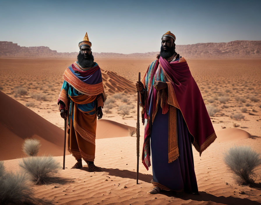 Traditional men in colorful attire with staffs in desert landscape.