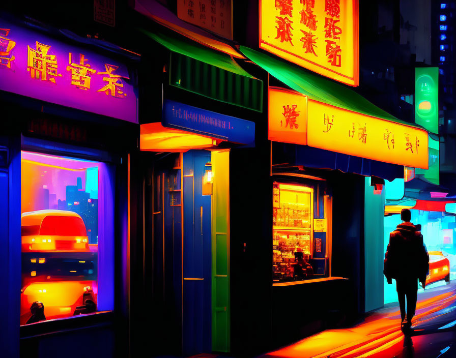 Night scene: Person passing neon-lit Chinese storefronts