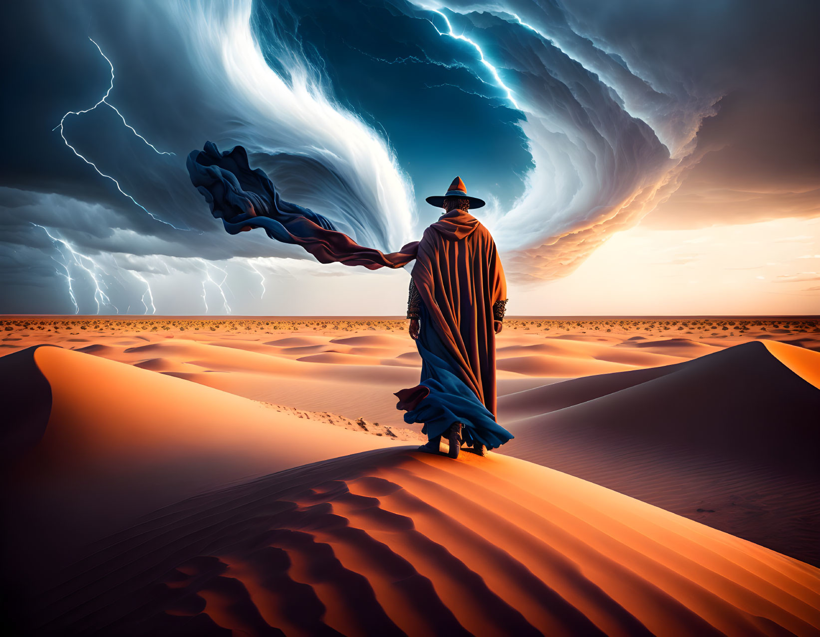 Mystical figure in robe and hat in desert under stormy sky