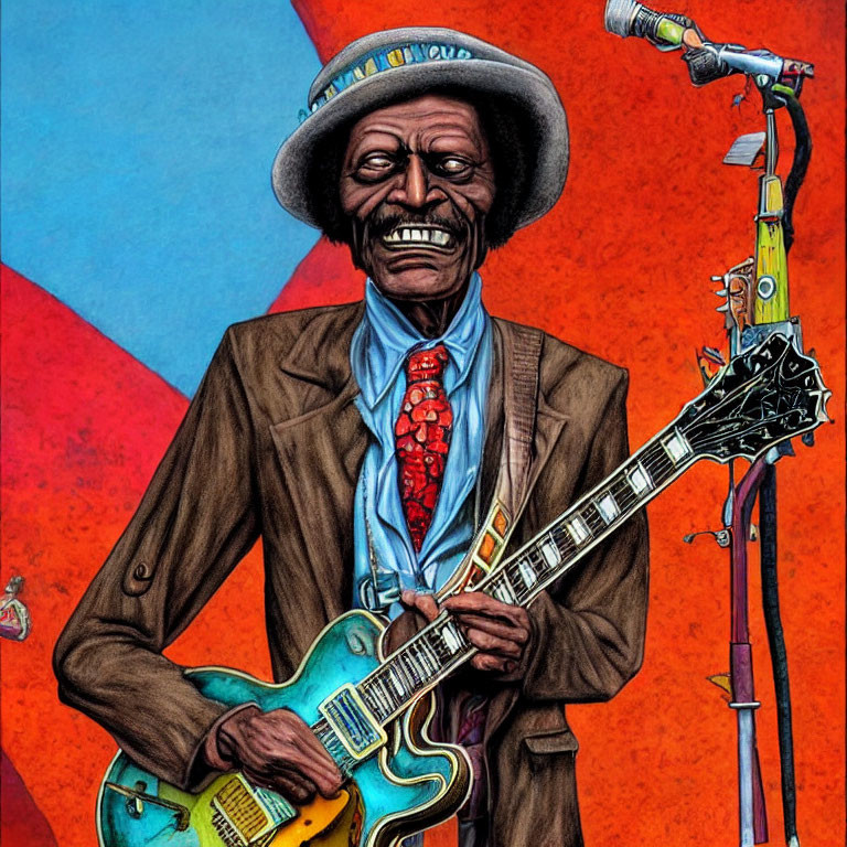 Vibrant illustration: elderly male musician playing blue electric guitar