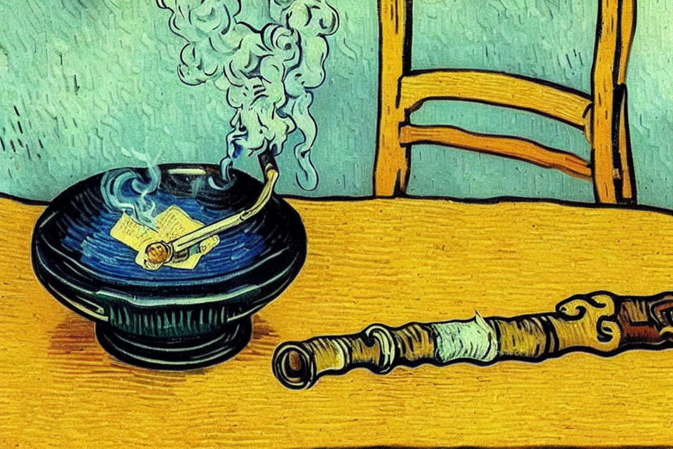 Stylized painting of smoking pipe and flute on wooden table