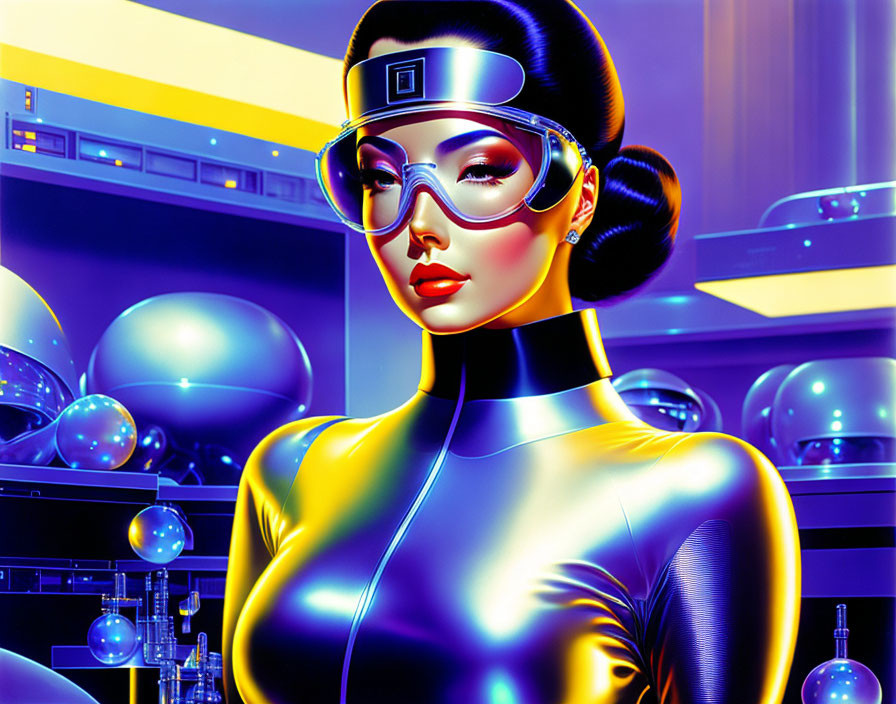 Futuristic woman with glasses in neon-lit scene surrounded by metallic spheres