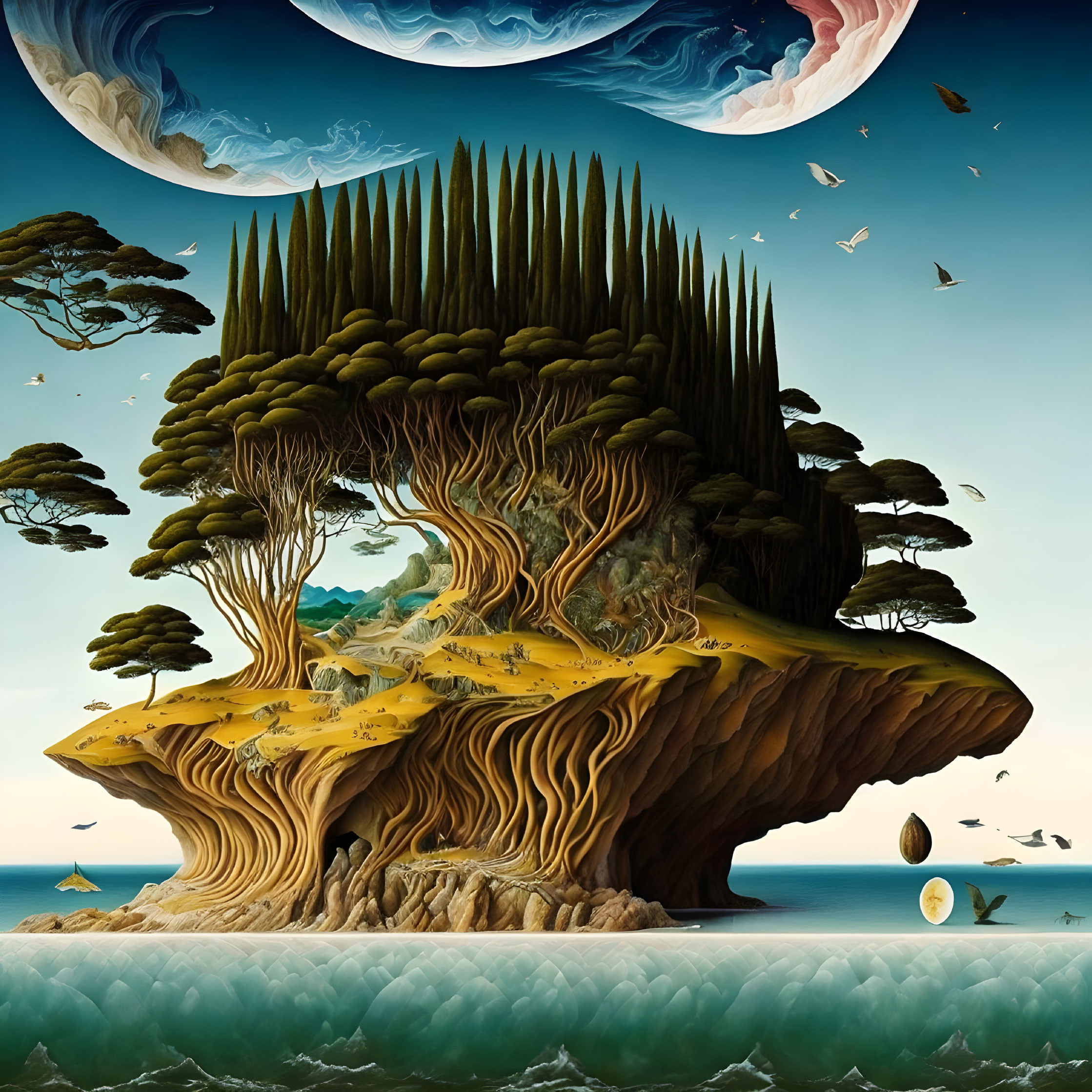 Surreal landscape with floating island, dense forest, tree roots, birds, and planetary sky.