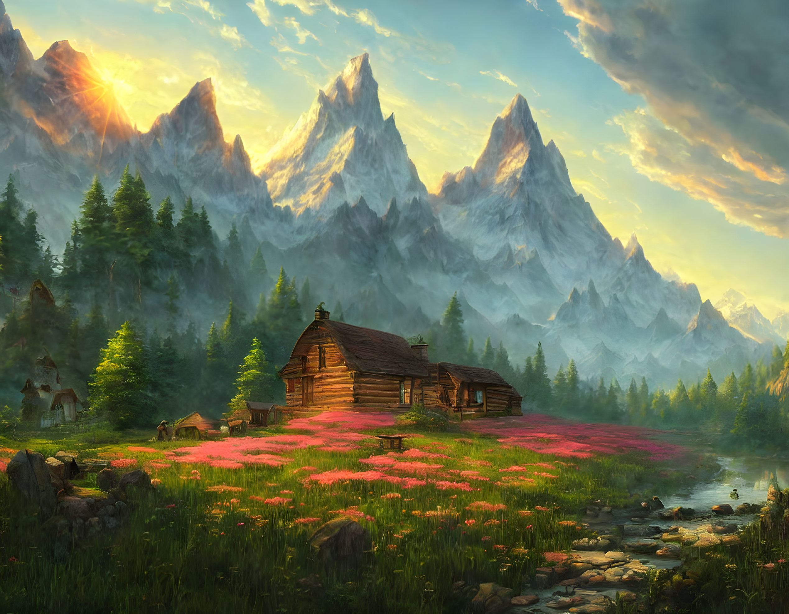 Wooden cabin by lake with pink flowers, snowy mountains at sunrise