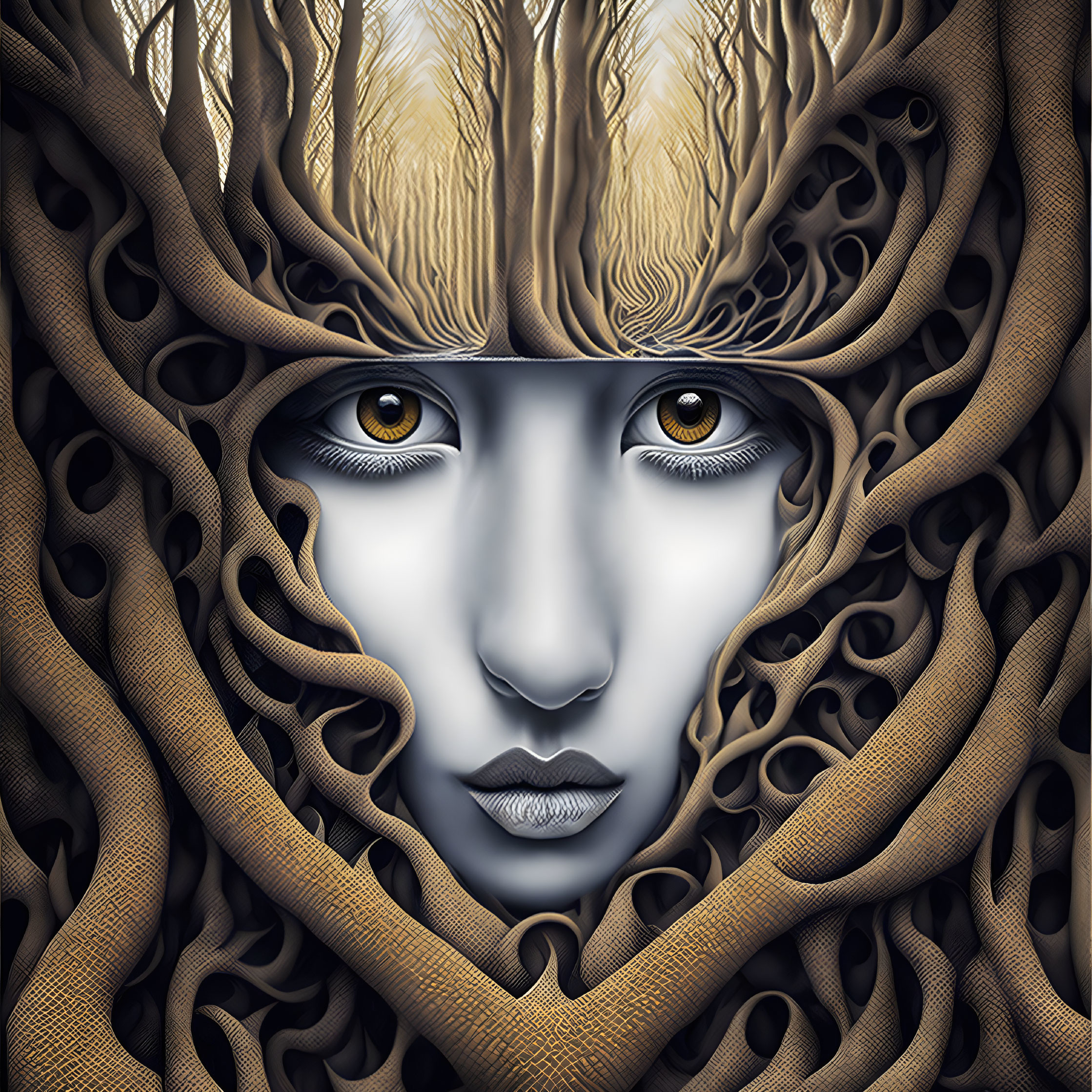 Surreal face illustration with intense eyes and mystical tree patterns